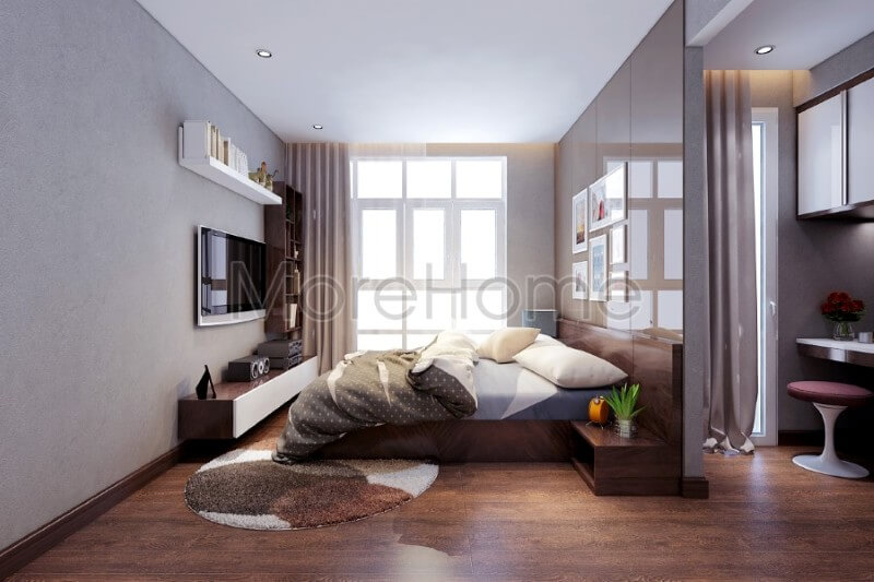 Mẫu giường ngủ gỗ công nghiệp có táp đầu giường giúp cho gia chủ có những giấc ngủ thoải mái nhất cũng như là vô cùng tiện lợi trong việc lưu trữ đồ dùng cá nhân của mình Mẫu nội thất chung cư đẹp