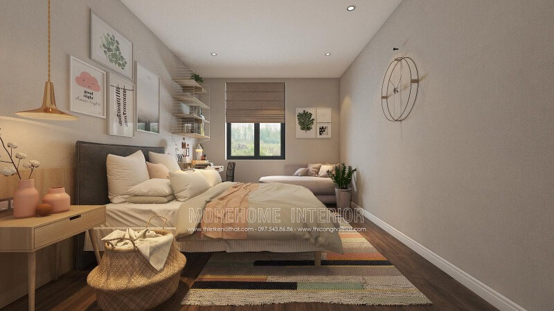 Sắp xếp nội thất phòng ngủ hiện đại đẹp tinh tế với điểm nhấn tranh treo tường, góc học tập, làm việc độc đáo. Mẫu nội thất chung cư đẹp
