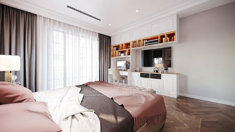 Bàn học liền kệ trang trí, kệ tivi, tủ đựng đồ tạo không gian đẹp, liền mạch, tối giản diện tích nhưng lại đảm bảo công năng hiệu quả cho phòng trẻ em. Thiết kế nội thất phòng ngủ biệt thự
