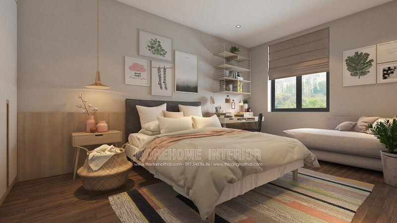 Bố trí phòng ngủ ấn tượng với cách trang trí độc đáo từ những mảng lớn đơn sắc kết hợp cùng họa tiết điểm nhấn tạo nên nét đẹp sinh động, trẻ trung cho không gian. Thiết kế nội thất phòng ngủ biệt thự