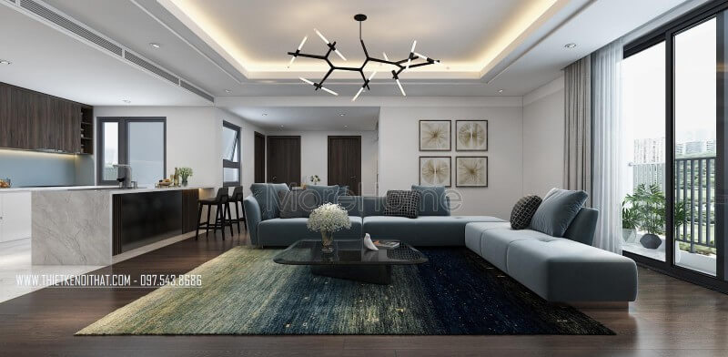 Chiếc sofa nỉ chữ L màu xanh là điểm nhấn nổi bật của căn phòng, đặc biệt gam màu này tạo sự tươi mới cho căn phòng Mẫu nội thất chung cư đẹp