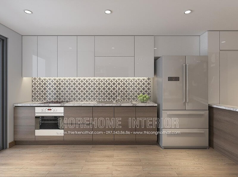 Thiết kế tủ bếp gỗ công nghiệp đẹp với chất liệu acrylic bóng gương An Cường và gỗ Laminate mang đến không gian sống ấn tượng và thu hút Tủ bếp gỗ công nghiệp và tủ bếp acrylic