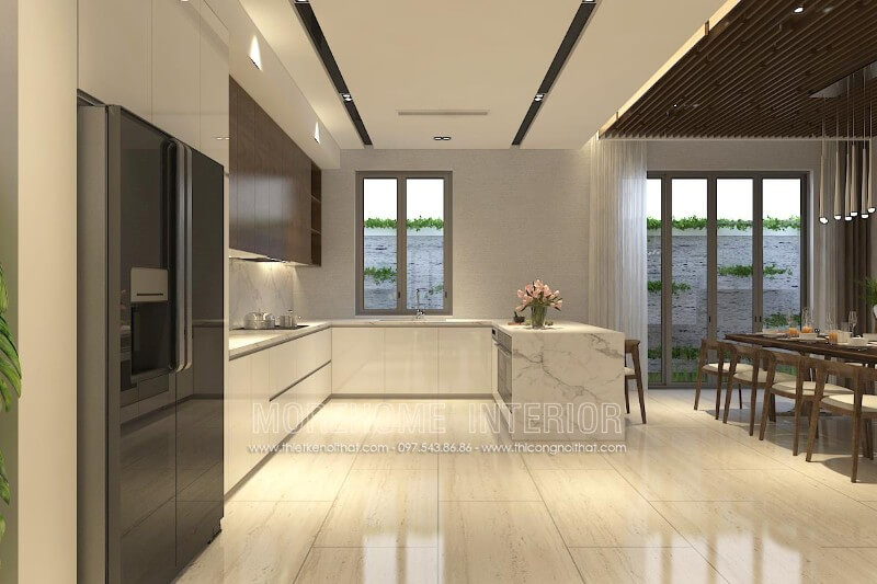 Màu trắng của tủ bếp gỗ Acrylic kết hợp với màu nâu đậm của gỗ Veneer óc chó tạo nên sự hiện đại tinh tế cho không gian bếp Tủ bếp gỗ công nghiệp và tủ bếp acrylic