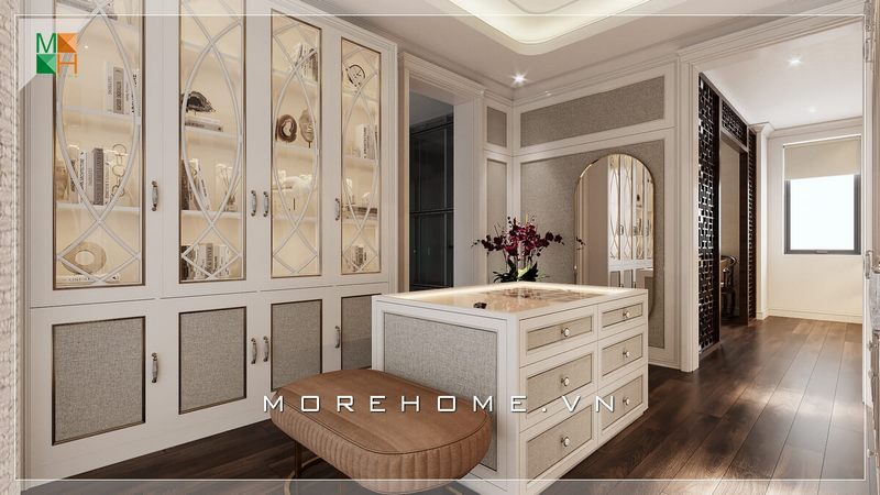 chiêm ngưỡng mẫu thiết kế phòng để và thay đồ rất sang trọng và tiện nghi lẫn chút phong cách tân cổ điển. Trang trí màu sắc bắt mắt thể hiện sự cao cấp của không gian trưng bày dành cho nhà phố, biệt thự, chung cư.