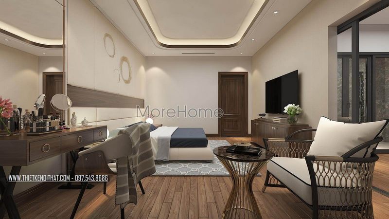 Mẫu sofa bọc vải đẹp với thiết kế khung gỗ mạ vàng kết hợp bàn trà mặt kính cường lực sang trọng cho phòng ngủ master