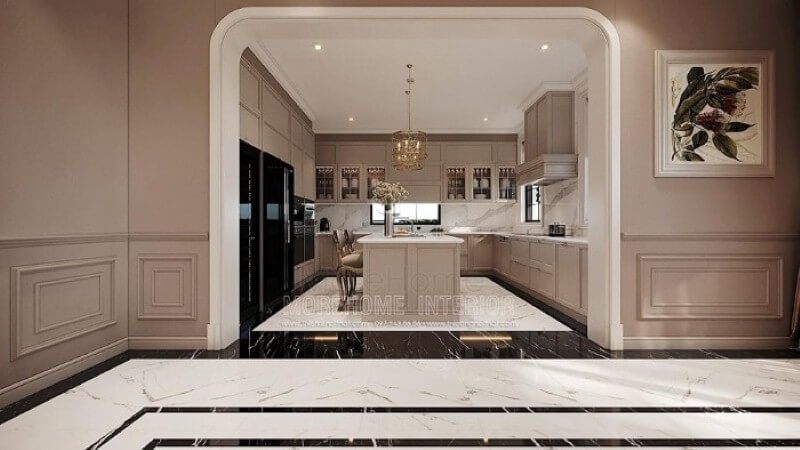 Bố trí nội thất phòng bếp chữ U phong cách đương đại đẹp, sang trọng tại biệt thự cao cấp Hải Phòng.