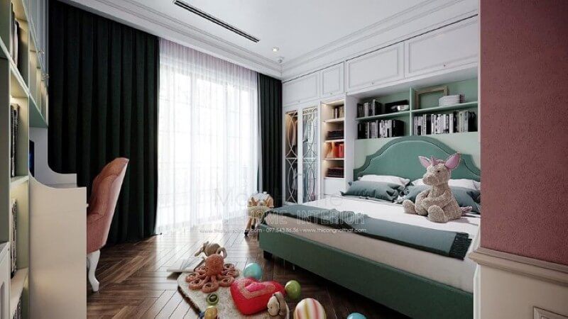 Sắp xếp nội thất phòng ngủ bé gái ấn tượng với bố trí giường ngủ, kệ tủ trang trí khoa học giúp không gian thông thoáng tối đa nhưng vẫn đảm bảo công năng, tính thẩm mỹ.