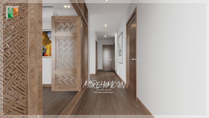 Cửa gỗ với kiểu dáng thiết kế ấn tượng góp phần giúp không trở nên tiện nghi, thân thiện mỗi khi bước chân vào phòng.