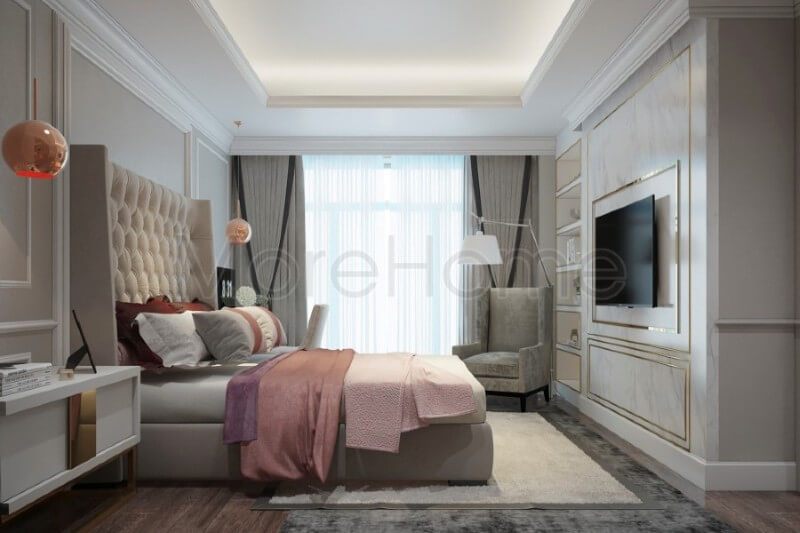 Thiết kế phòng ngủ chung cư với tone màu trắng được sử dụng tạo sự đồng bộ và liền mạch góp phần thể hiện rõ nét phong cách tân cổ điển của căn nhà