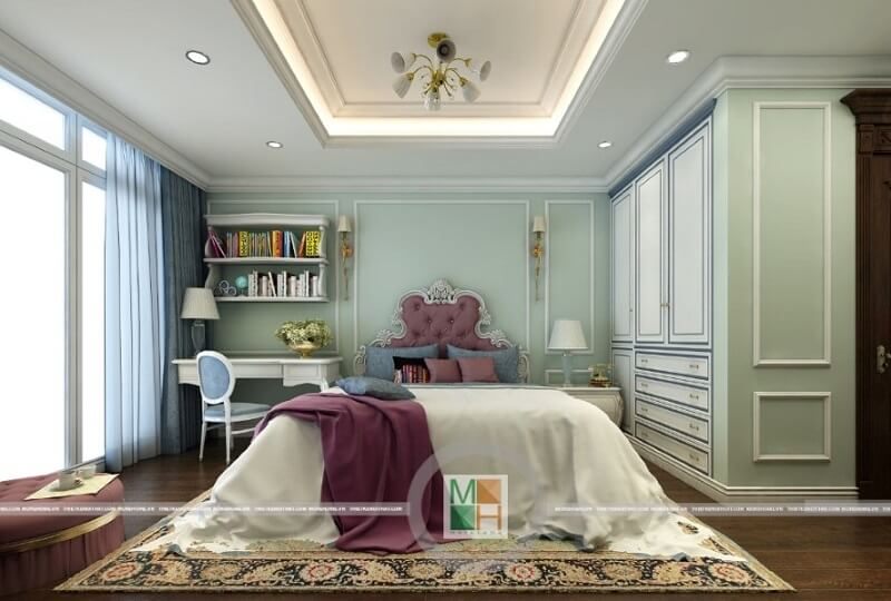Thiết kế phòng ngủ chung cư tân cổ điển ấn tượng với đồ nội thất gỗ tự nhiên cao cấp mang đến vẻ đẹp sang trọng và đẳng cấp cho căn phòng