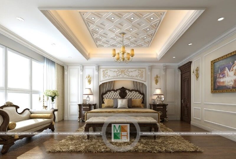 Mẫu thiết kế phòng ngủ chung cư cao cấp với đồ nội thất gỗ tự nhiên mang đến cảm giác như một căn phòng ngủ hoàng gia đầy đẳng cấp